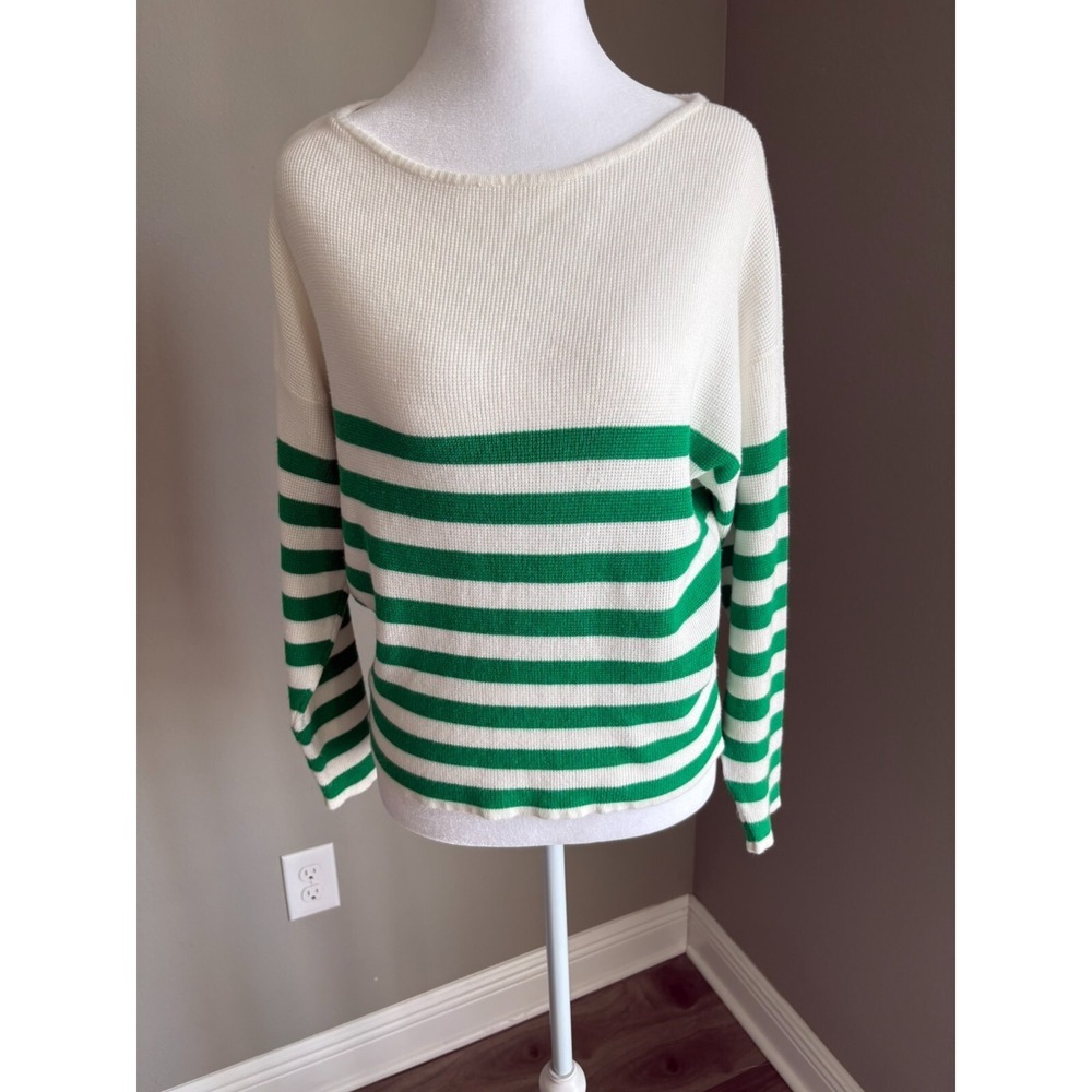 Cyrus Womens Ivory & Green Striped Long Sleeve Knit Pullover Sweater Top Size S